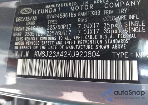 2019 Hyundai Tucson Se z USA, uszkodzony, nr VIN KM8J23A42KU920804